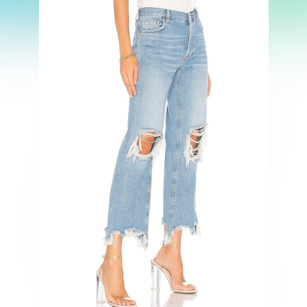 Free People We the Free Women's Maggie Straight Leg Distressed Light Wash Jeans